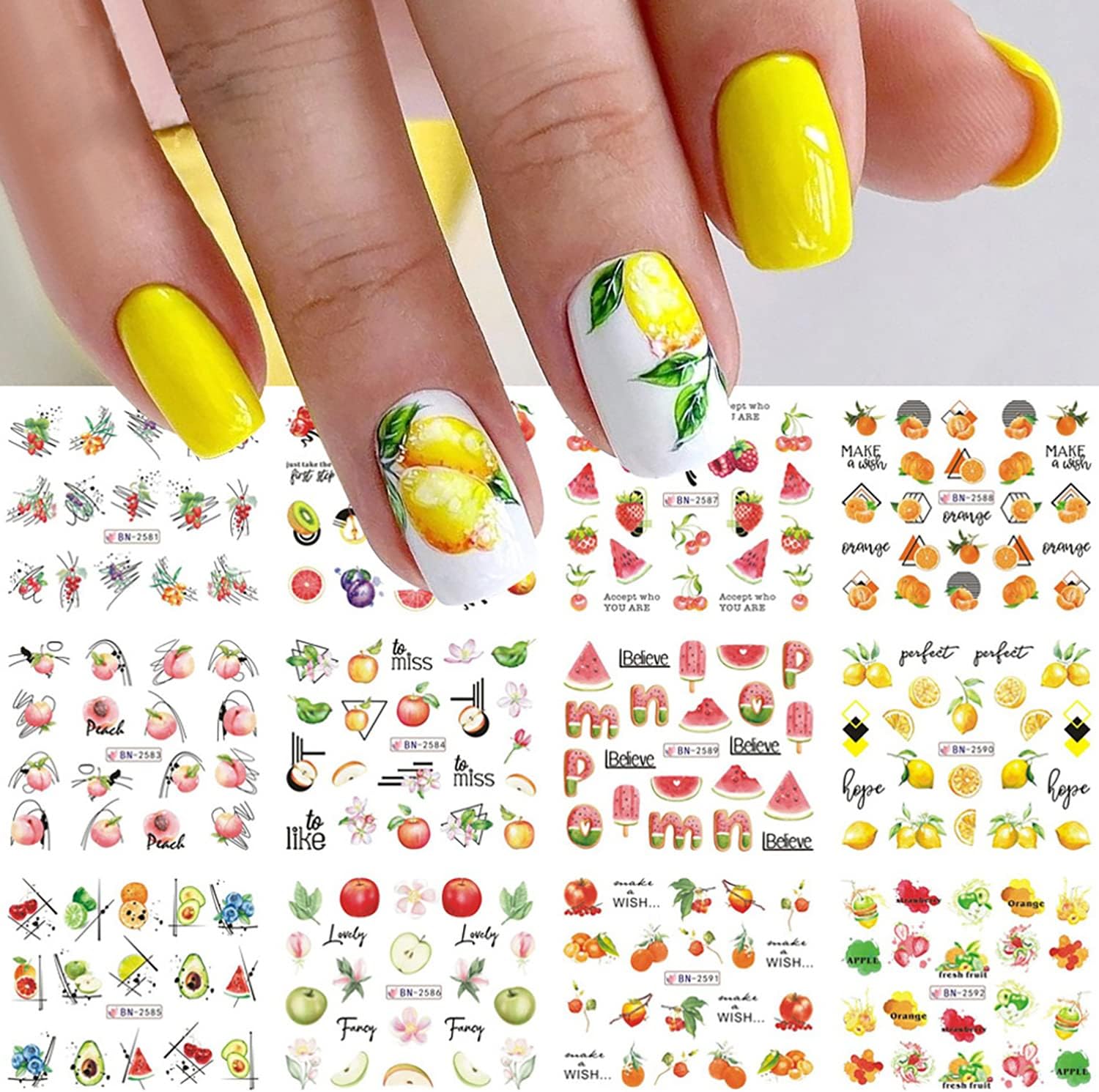 12 hojas de calcomanías para uñas de frutas, manzana, naranja, melocotón, sandía, diseño, transferencia de agua, calcomanías holográficas, arte de