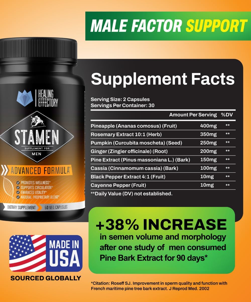 Healing Effectory Suplemento masculino de estambre, suplemento de vitalidad masculina, apoyo de fertilidad, soporte de resistencia, motilidad,