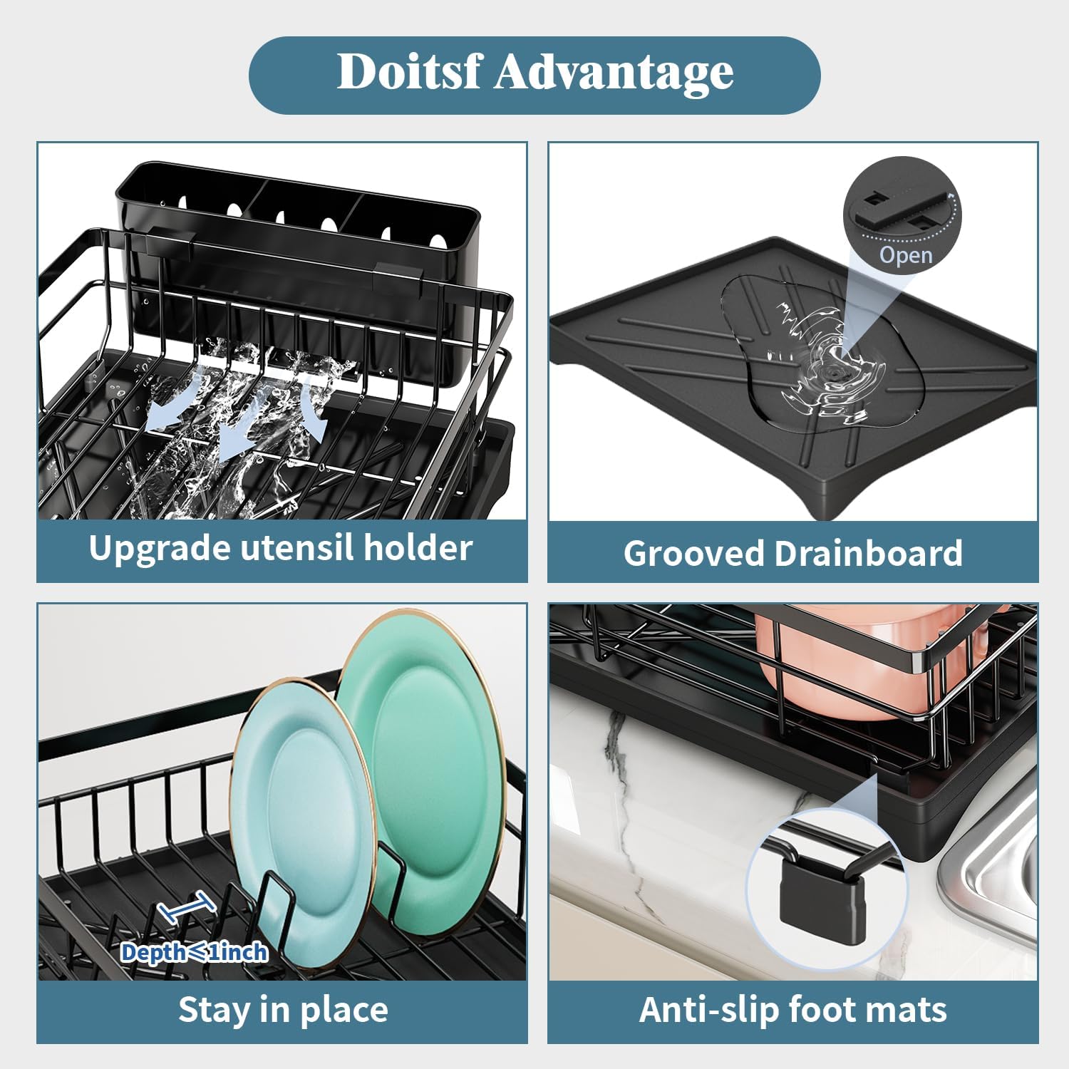 Escurridor de platos, escurridor de platos para encimera de cocina, escurridor de platos de acero inoxidable con soporte adicional para esponja para