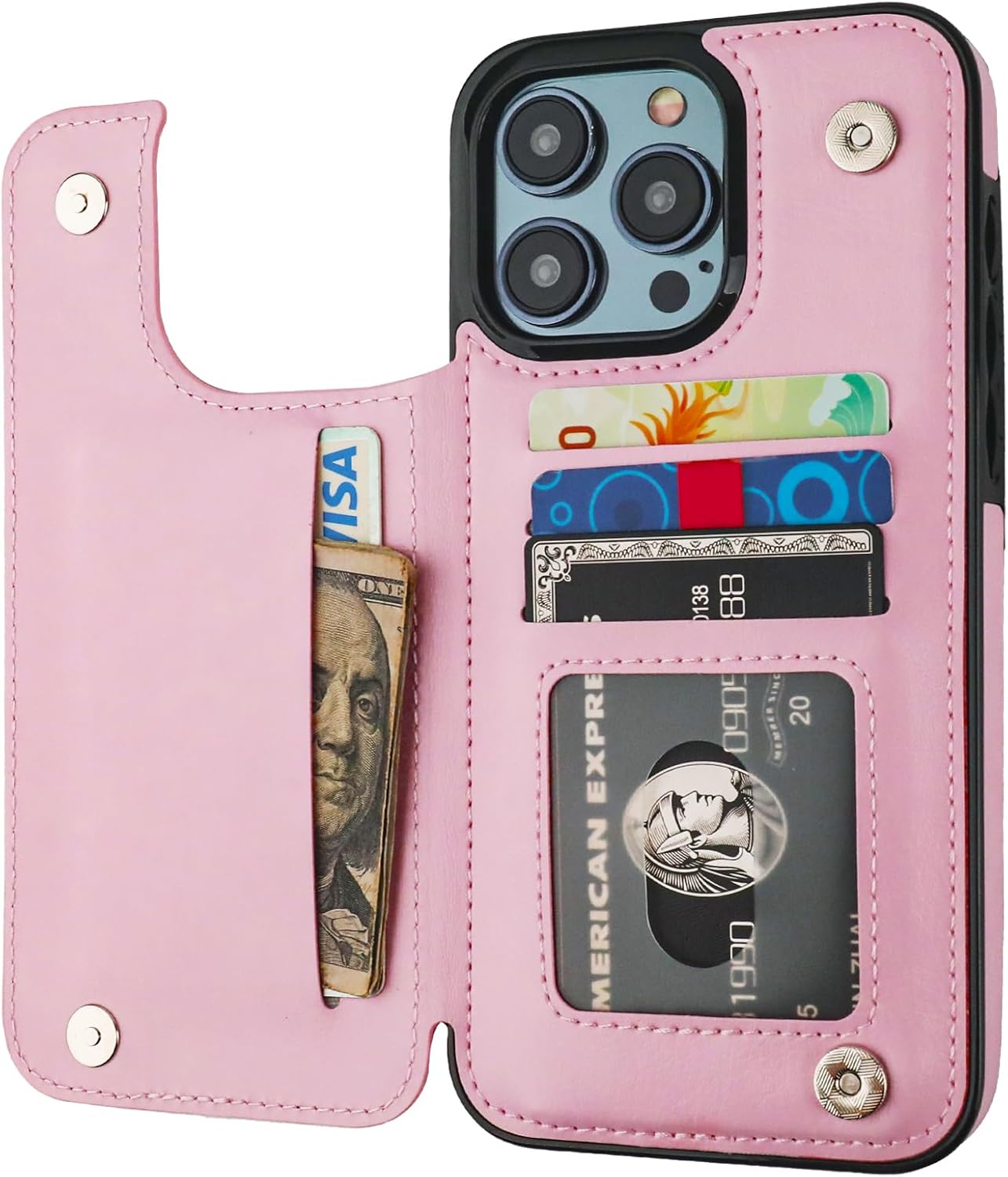 Funda tipo cartera compatible con iPhone 15 Pro Max con soporte para tarjetas, funda de piel sintética con ranuras para tarjetas, doble cierre