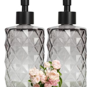 Dispensador de jabón de vidrio con bomba de plástico, paquete de 2 dispensadores de jabón negro con diseño de diamante degradado de 12 onzas, Dispensador de jabón de vidrio con bomba de plástico, paquete de 2 dispensadores de jabón negro con diseño de diamante degradado de 12 onzas,