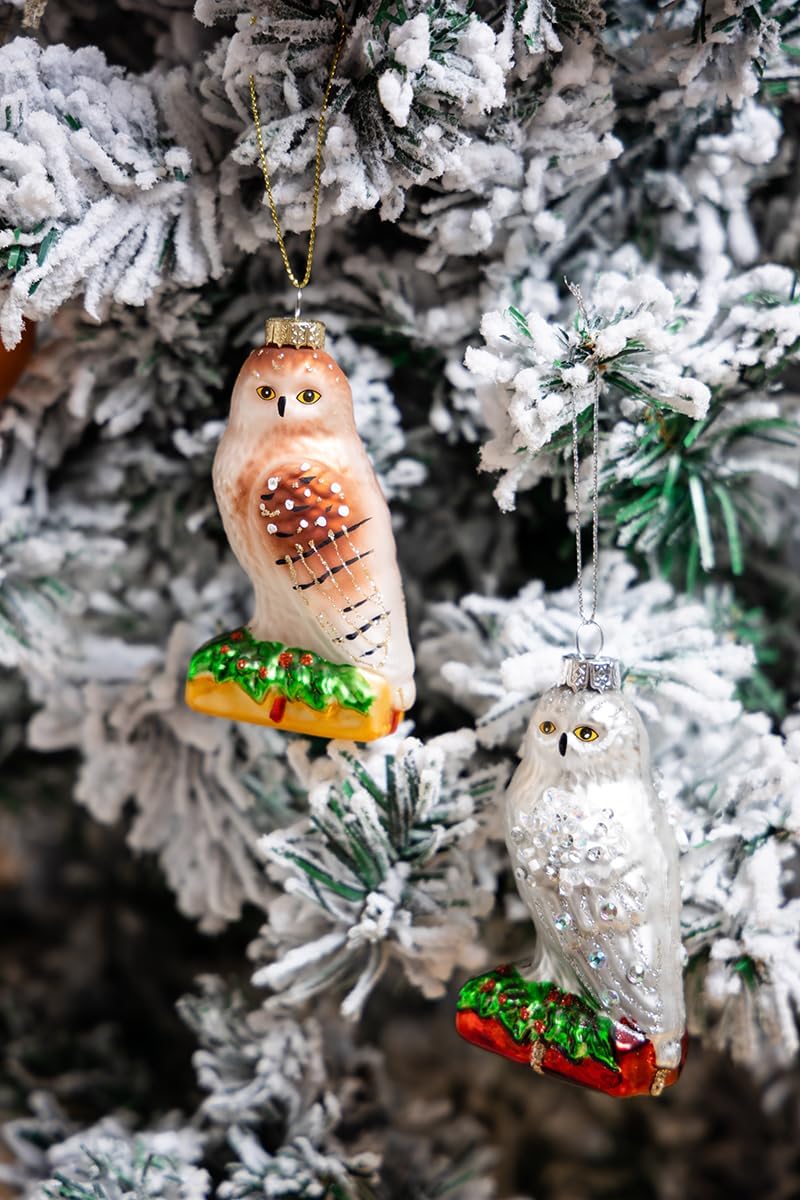 Juego de 2 adornos de búho de vidrio soplado a mano para árbol de Navidad, adornos de Navidad de búho de vidrio colgante
