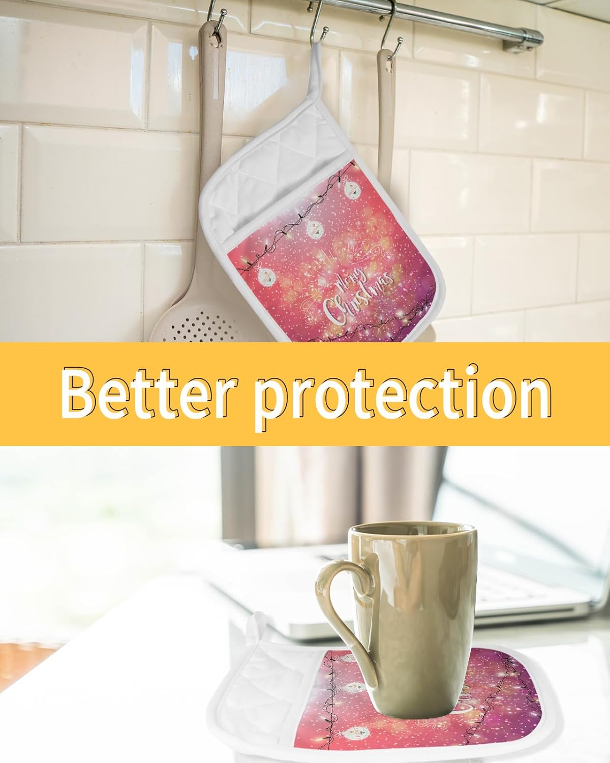 Christmas 5Pcs Pot Holders for Kitchen, Non Slip & Heat Insulation Terry Cloth Potholder Set with Pocket, Thick Hot Pad Oven Mitts Trivet Coaster