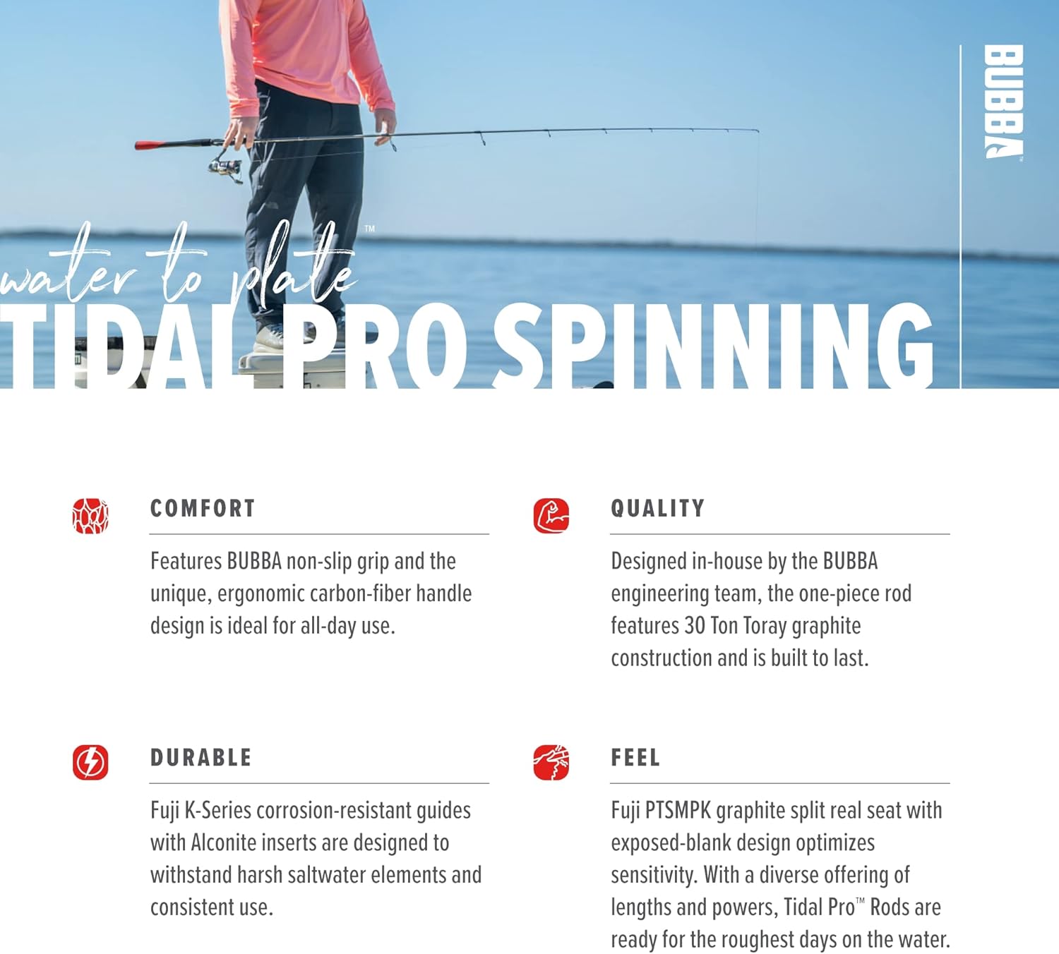 BUBBA Tidal Pro Inshore – Caña giratoria de 7 pies y 6 pulgadas con agarre de fibra de carbono