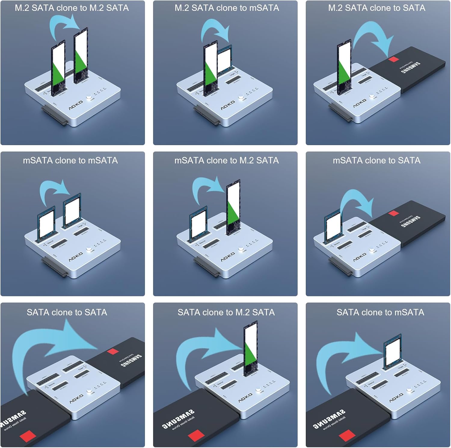 AOKO Estación de acoplamiento de disco duro SATA 3 en 1 de doble bahía para SSD y HDD SATA de 2.5 pulgadas3.5 pulgadas + SSD mSATA o SSD SATA M.2