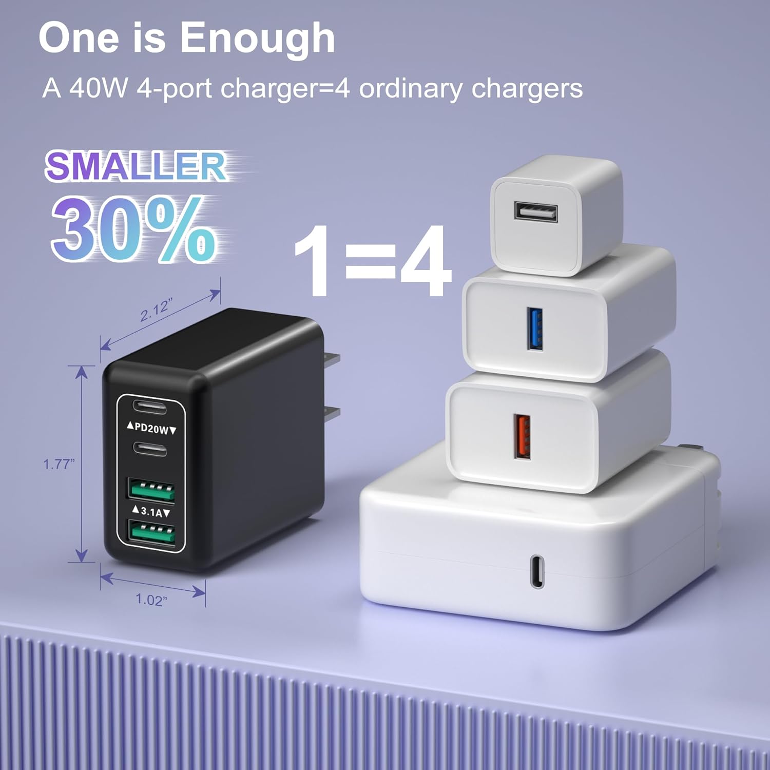 Paquete de 3 bloques de cargador USB C, cargador rápido de 40 W, 4 puertos, 20 W, bloque de carga tipo C, cargador de pared USB de 3.1 A, doble