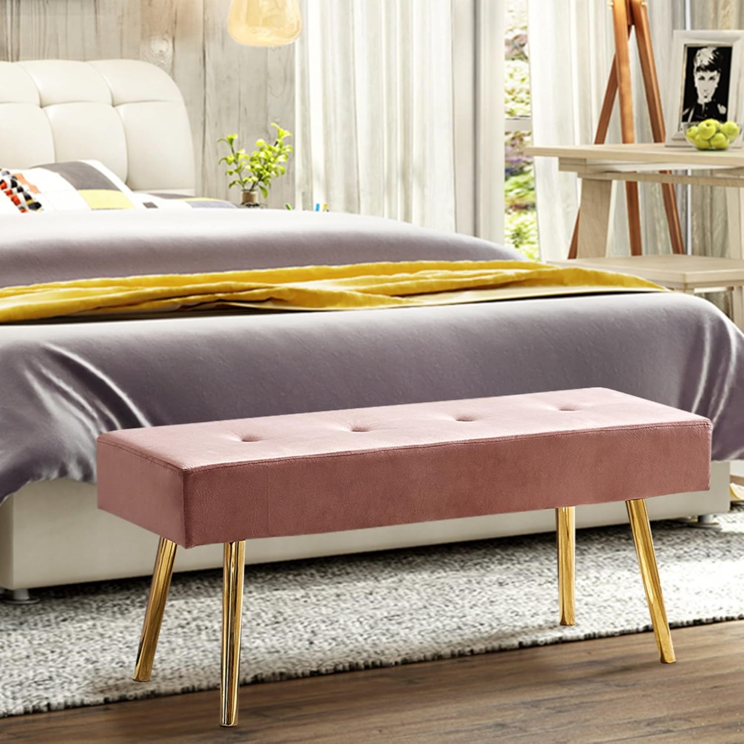 Polibi Moderno banco lateral de cama, taburete largo tapizado de terciopelo copetudo con patas doradas para dormitorio, entrada, sala de estar
