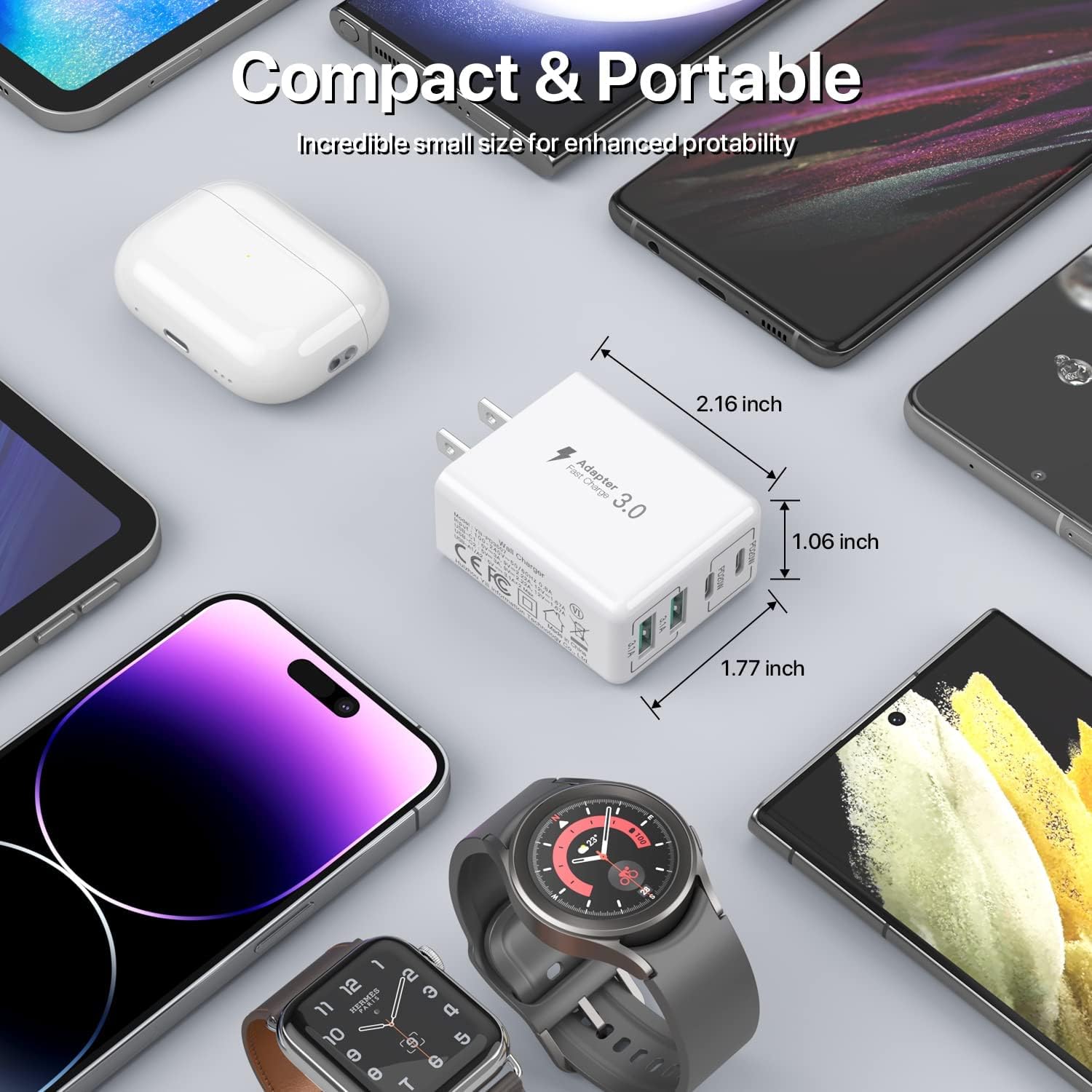Paquete de 2 Cargador de pared USB C, bloque de cargador USB C de 40 W, bloque de carga rápida, doble puerto, PD+QC, enchufe de pared multipuerto