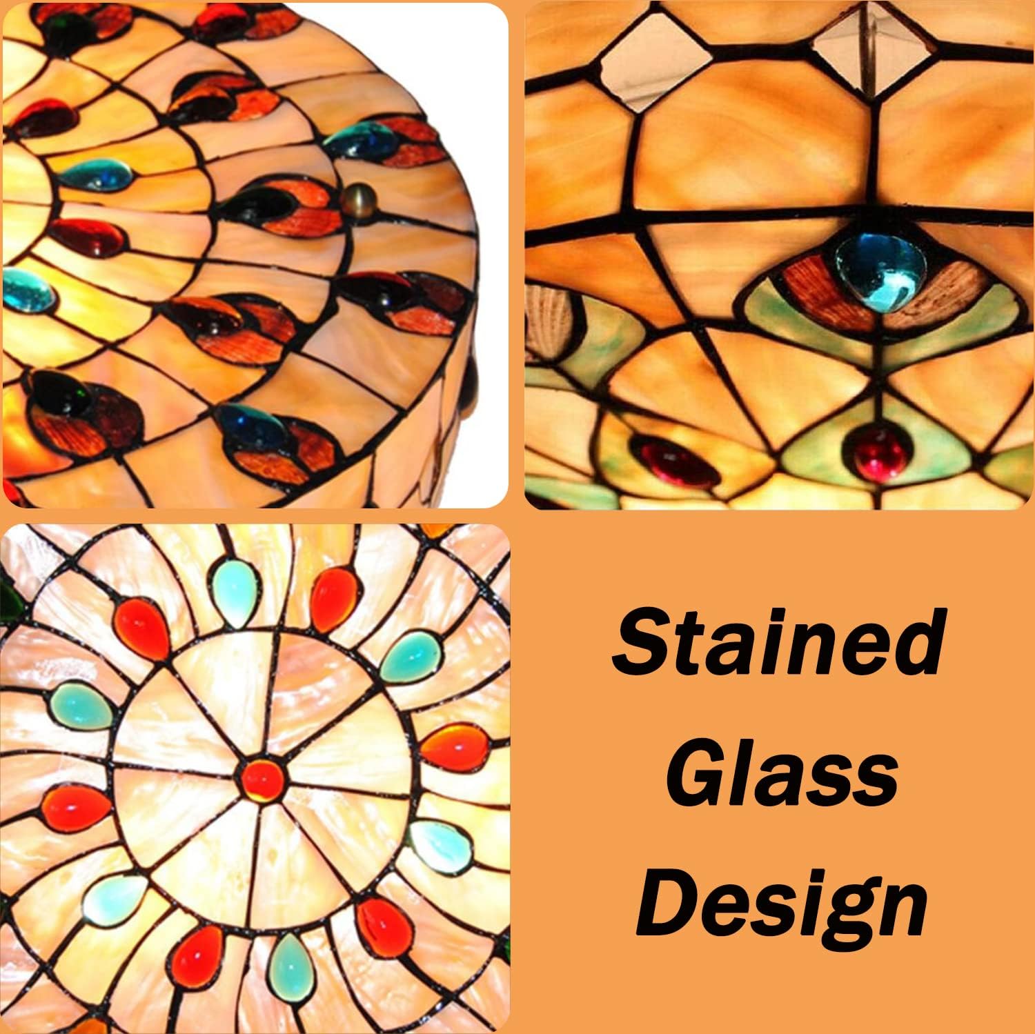 TFCFL Lámpara de techo barroca Tiffany de 20 pulgadas, lámpara de techo con gemas de vitral, lámpara de techo de 3 luces estilo vintage para