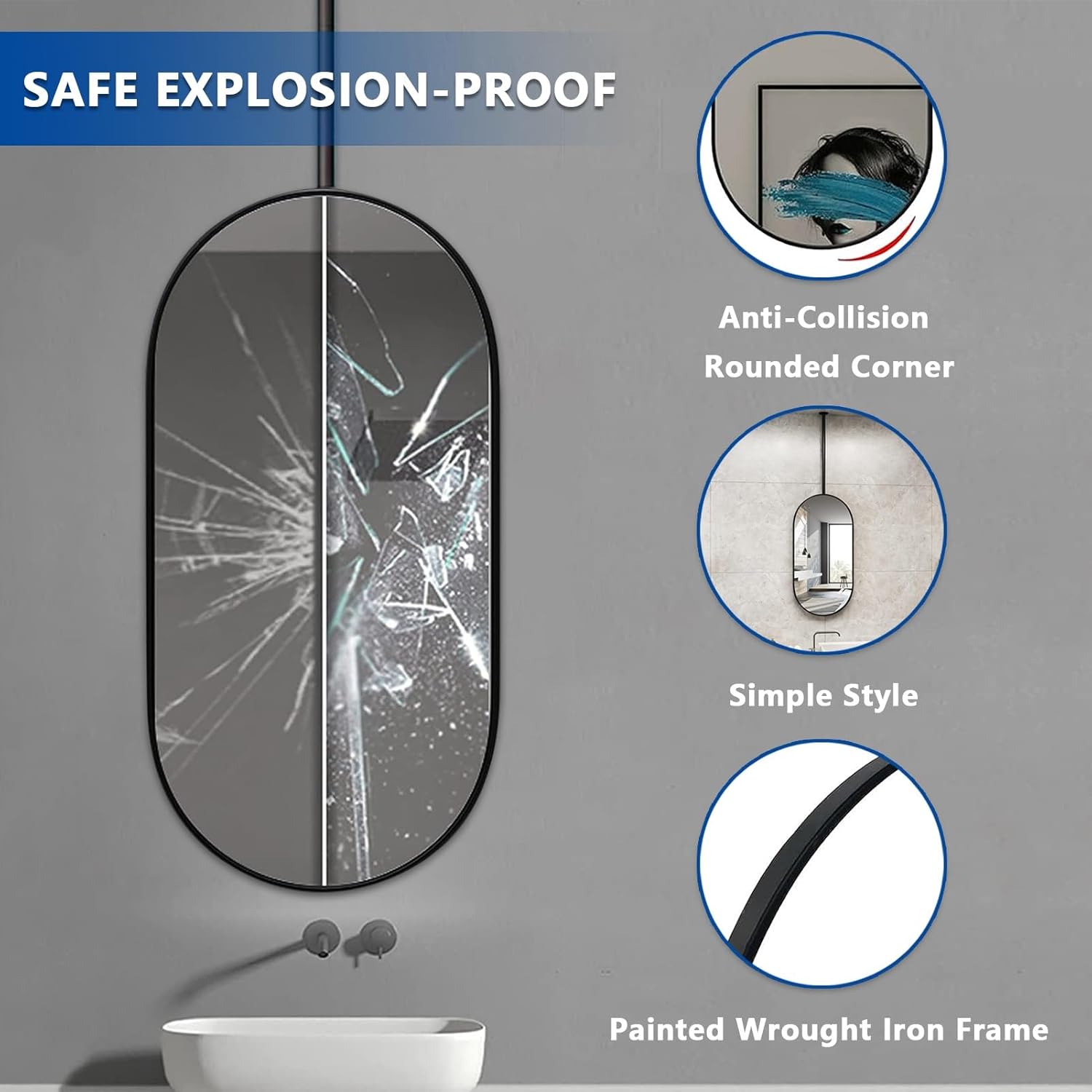 Espejo ovalado para colgar en el techo, espejo de baño negro para montar en la pared con barra para colgar en el techo, espejos de maquillaje con