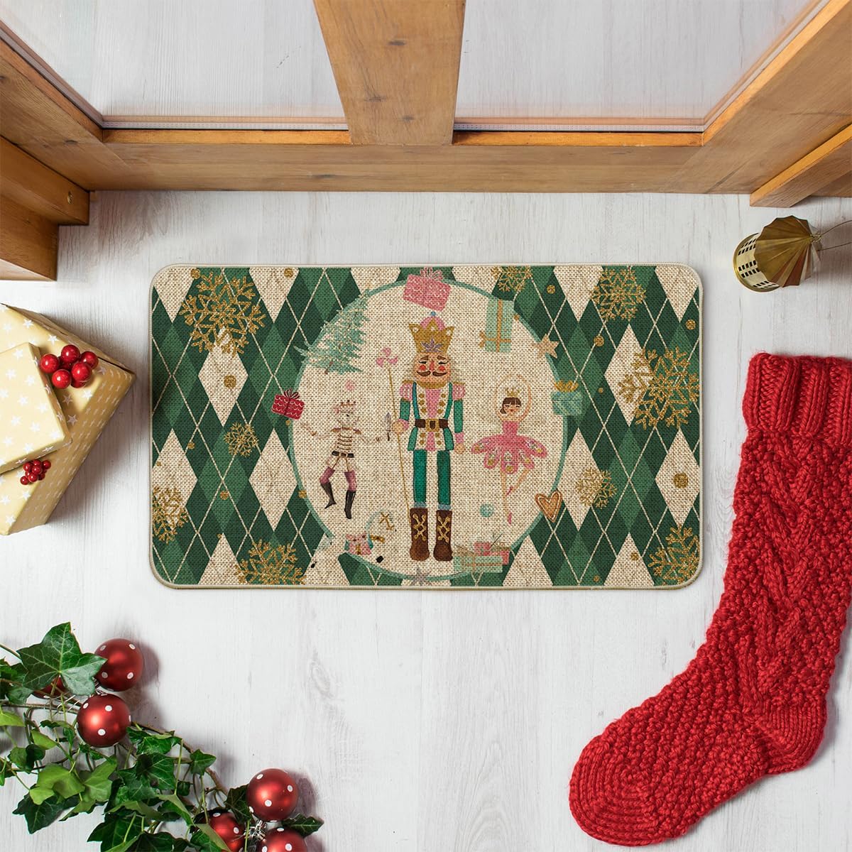 Artoid Mode Felpudo de Navidad con diseño de cascanueces de diamantes verdes, decoración del hogar, tapete de bajo perfil para puerta, 17 x 29