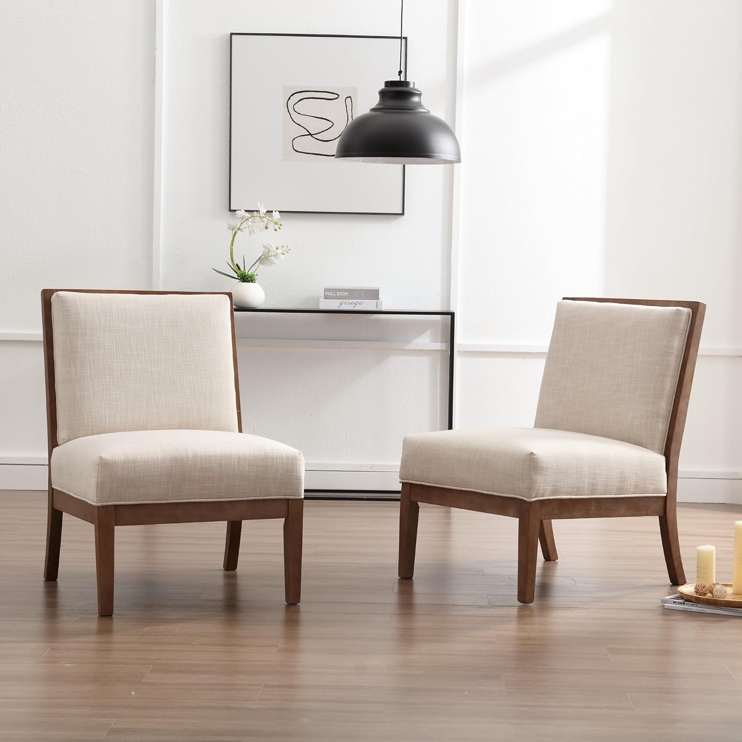 BESTANO Comfy Accent – Silla de lectura, silla tapizada sin brazos con patas de madera natural para sala de estar, dormitorio, lino beige