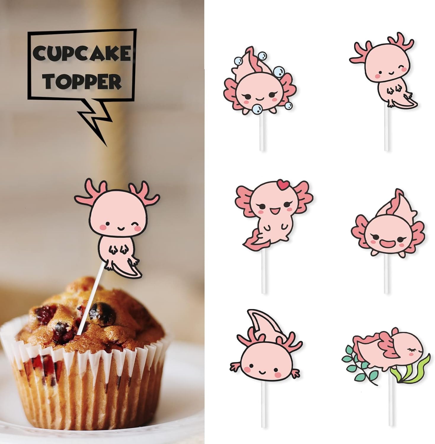18 piezas de decoración de postre de ajolote rosa con purpurina, diseño de animales de dibujos animados, baby shower, niñas y niños, decoración de