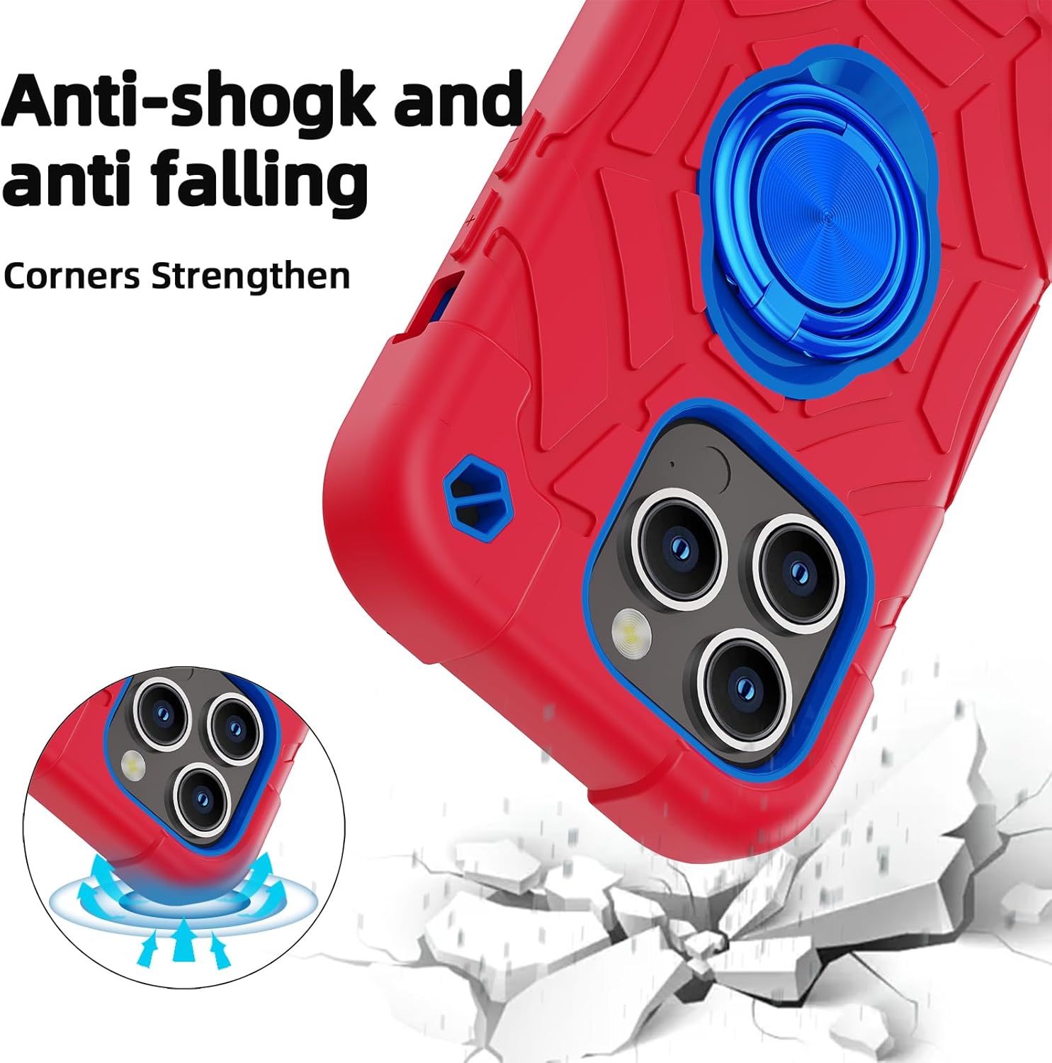 KCJ Funda compatible con iPhone 15 Pro con 2 protectores de pantalla soporte de anillo Funda resistente para teléfono de 6.1 pulgadas (rojo y azul)