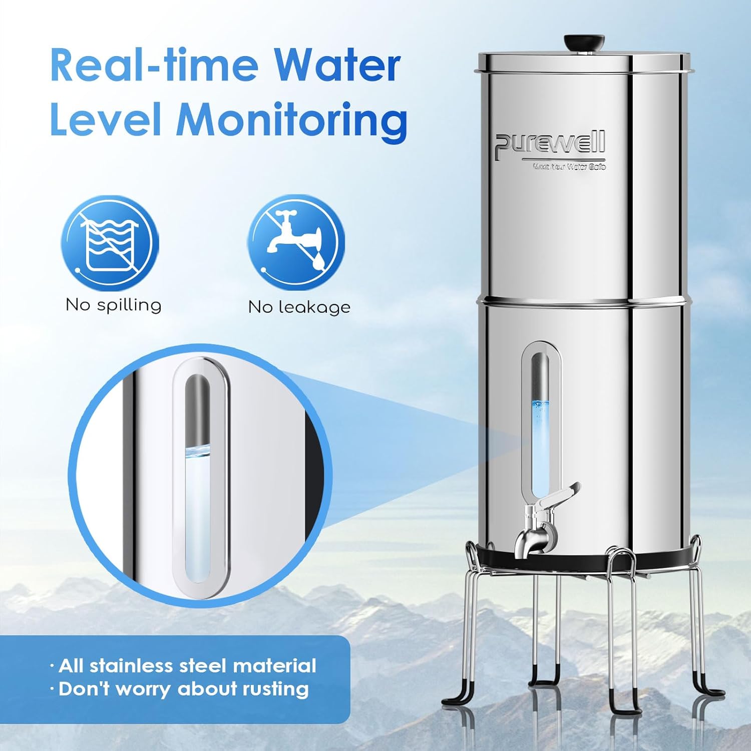 Purewell Sistema de filtro de agua por gravedad de 2.25 G con ventana de nivel de agua, sistema de encimera de acero inoxidable de ultrafiltración