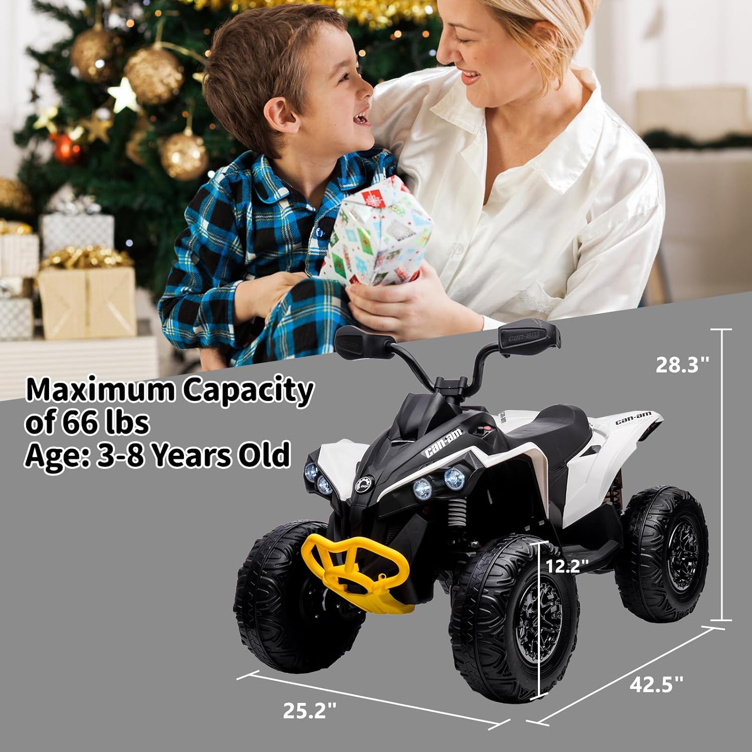 GAOMON Vehículo eléctrico para niños, 12 V, con licencia BRP Can-am de 4 ruedas, con luces LED, suspensión de resorte, Bluetooth, música, USB,