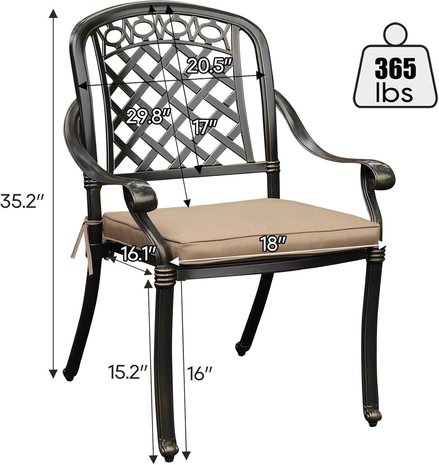 Juego de 2 sillas de comedor de aluminio fundido para patio, para todo tipo de clima, con reposabrazos y cojín, sillas de comedor apilables para