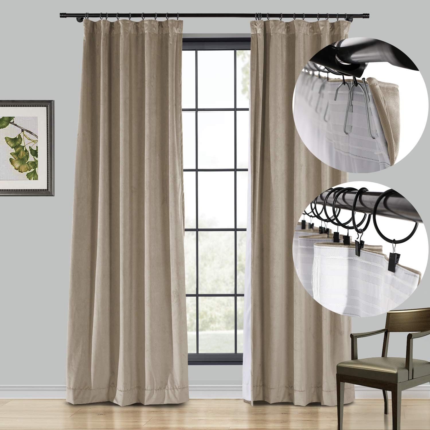 ChadMade Cortina de terciopelo extra ancha de 108 pulgadas de largo con forro opaco para cortinero de sala de estar, bolsillo versátil para barra,