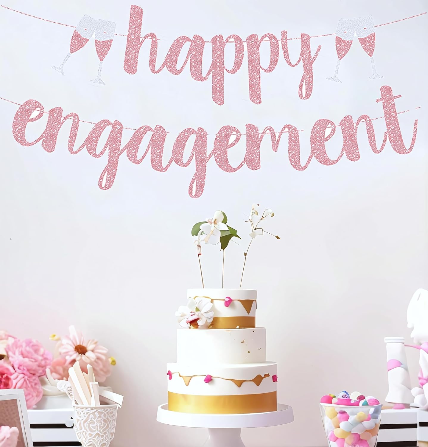 Cartel de compromiso feliz con purpurina de oro rosa, ideal para decoraciones de bodas y fiestas de compromiso, despedidas de soltera y celebrar a