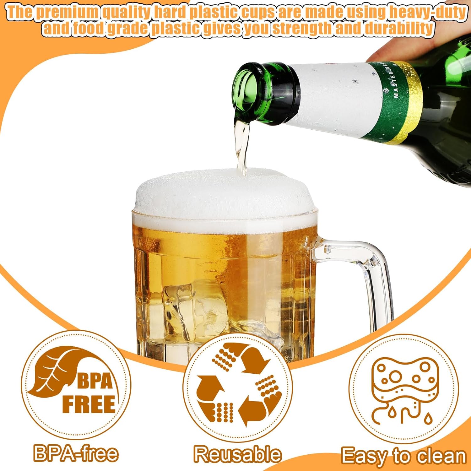Mifoci 10 tazas de cerveza de plástico con asas, vasos de cerveza transparentes de plástico para bar, hogar, hotel, cóctel, bebidas, jugo de leche,