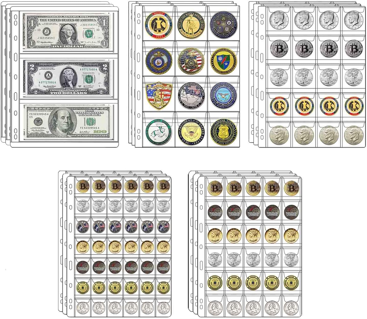 15 hojas de páginas de suministros para colección de monedas, 5 tamaños para coleccionar monedas, página de bolsillo con fundas estándar de 9
