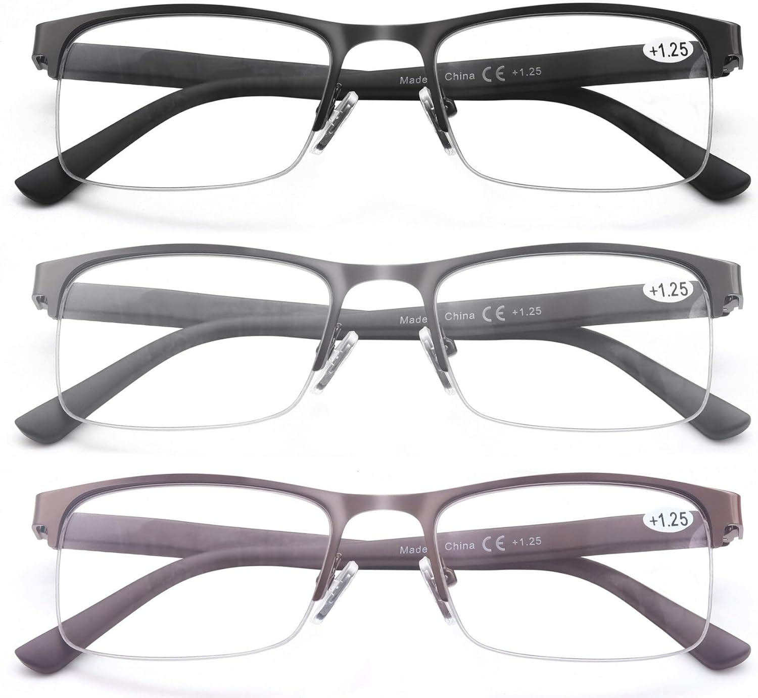 Gafas de lectura para hombre, con bloqueo de luz azul, rectangulares, de medio marco, de metal, con bisagra de resorte, paquete de 3