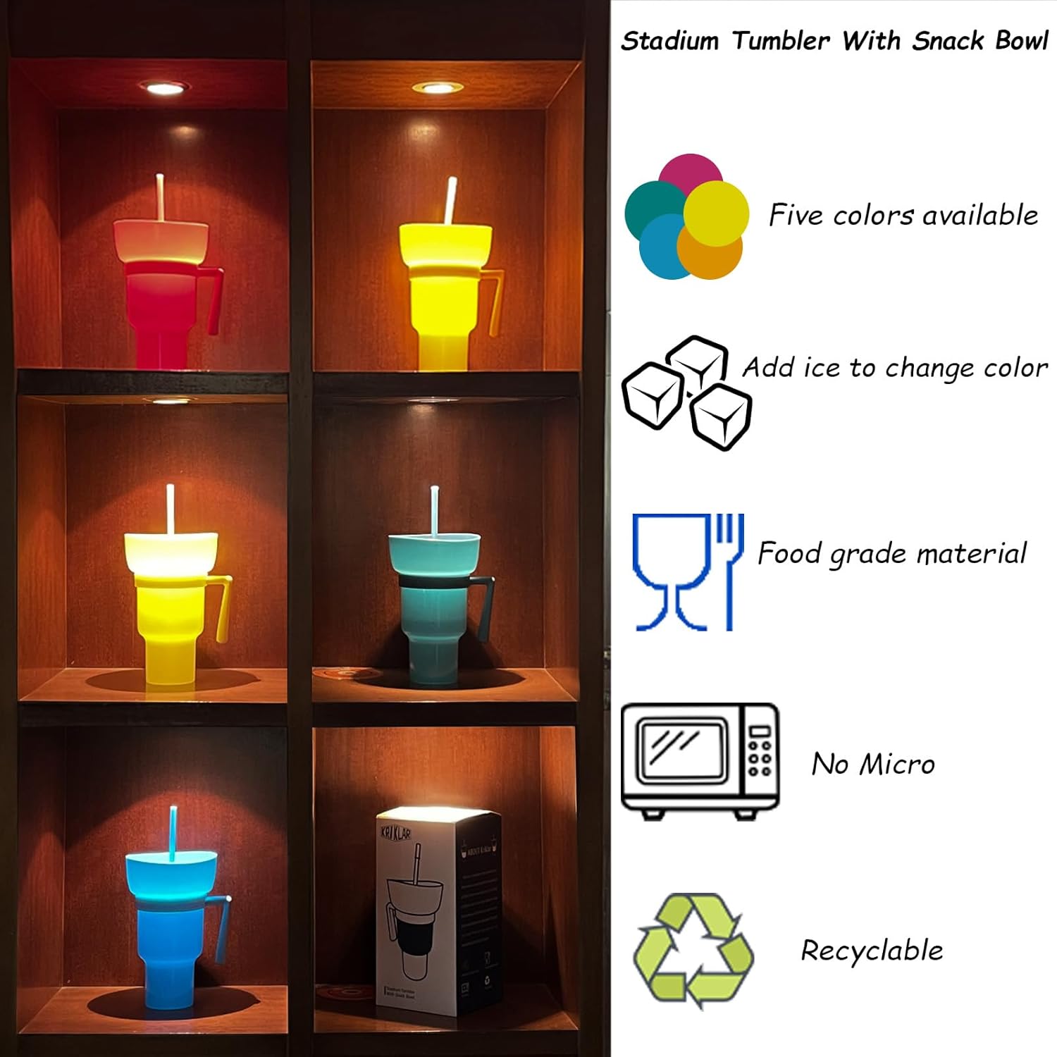 Kriklar Vaso de estadio con cuenco para aperitivos, taza de viaje con tazón para aperitivos, taza a prueba de fugas, tazón superior para bebidas,