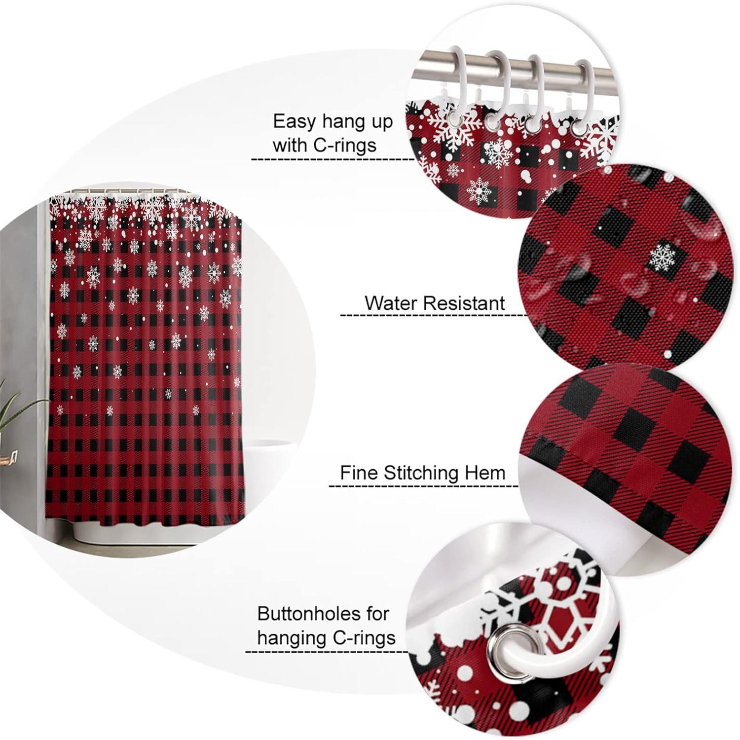 Cortina de ducha de Navidad para baño, diseño de copos de nieve blanco sobre cuadros negros y rojos, juego de cortina de ducha impermeable con 12