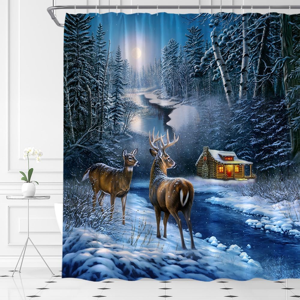 ABONAN Cortina de ducha de ciervos de Navidad, bosque nevado, ciervos, granja, reno de Navidad, naturaleza, paisaje nevado, juego de cortinas de