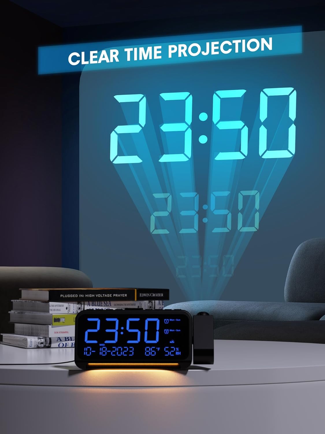 Reloj despertador de proyección con luz nocturna, fecha, temperatura, pantalla de humedad, proyector de reloj digital en la pared del techo con