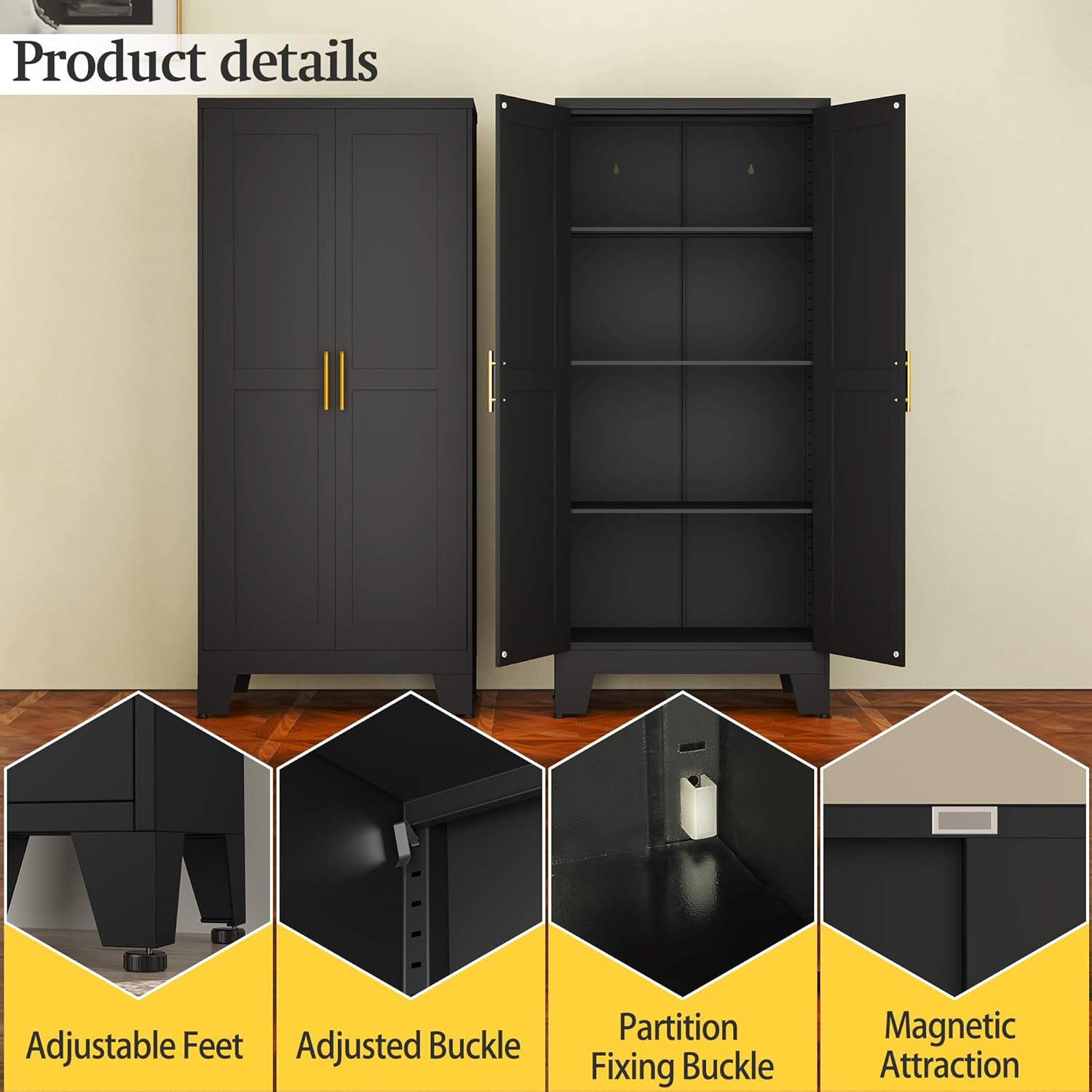 Gabinete de almacenamiento de metal, armario de almacenamiento de baño con puertas y estantes, gabinete de almacenamiento de oficina con cerradura,
