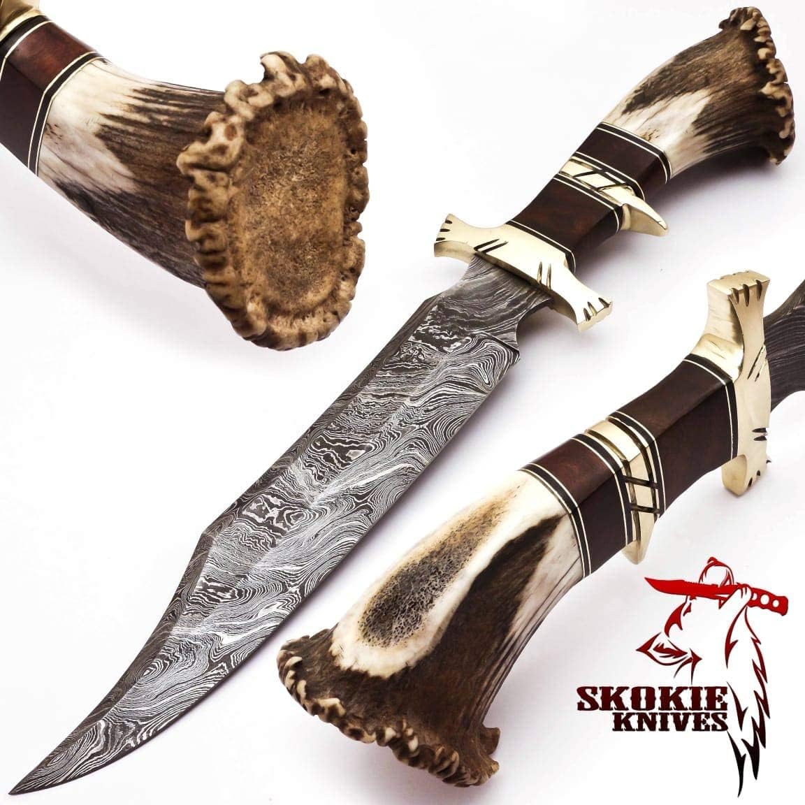 Cuchillo de caza de acero de Damasco con mango de asta de ciervo con madera de Burl y protector de latón, hoja de fijación de borde afilado hecho a