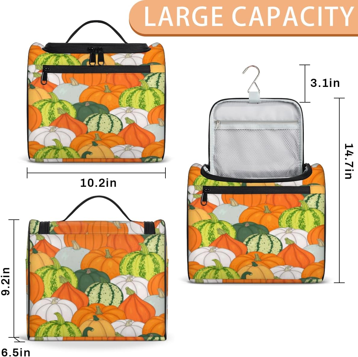 Thanksgiving Day Decor Theme Toiletry Bag for Women Travel Makeup Organizer with Hanging Hook Traveling Cosmetic Bags for Toiletries Accessories