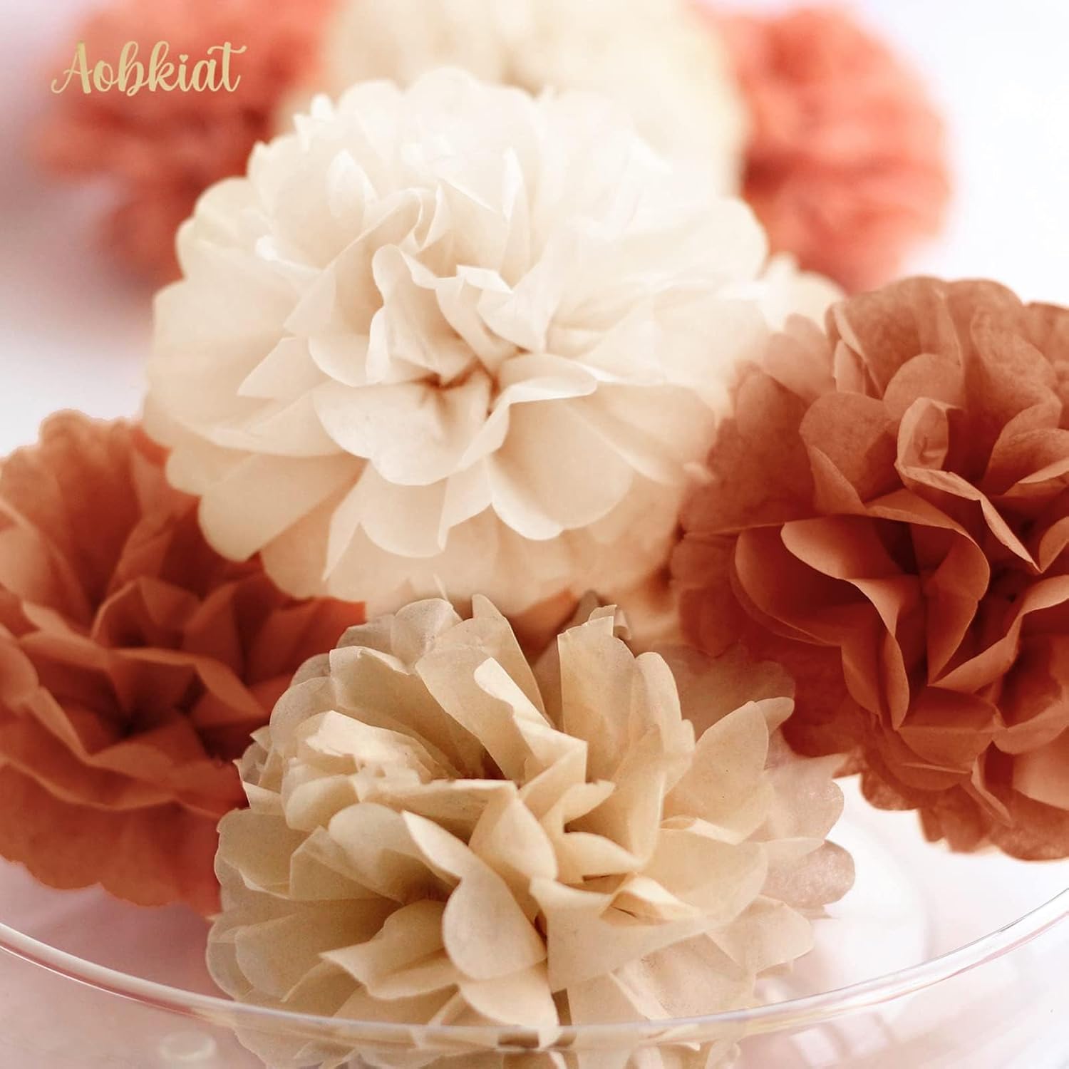 Juego de decoración de boda para baby shower, 15 pompones de papel de seda marrón melocotón, lunares circulares coloridos guirnalda de papel para