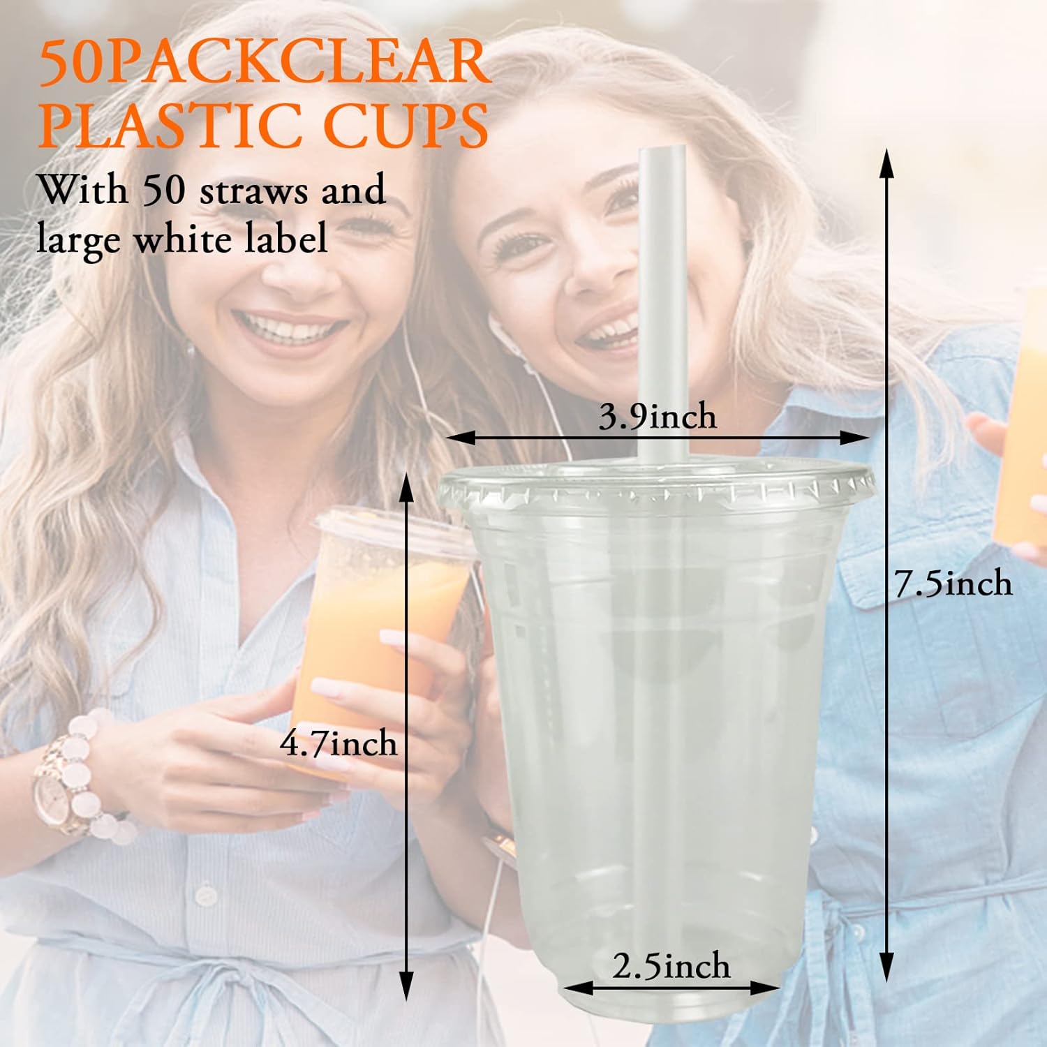 50 juegos de vasos de plástico transparente con tapas planas, tazas de café desechables de 16 onzas con pajitas y calcomanías, tazas de plástico
