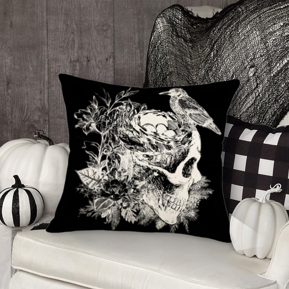 Fundas de almohada decorativas de Halloween de 18 x 18 pulgadas, fundas de almohada de calavera negra y blanca, fundas de almohada de esqueleto de