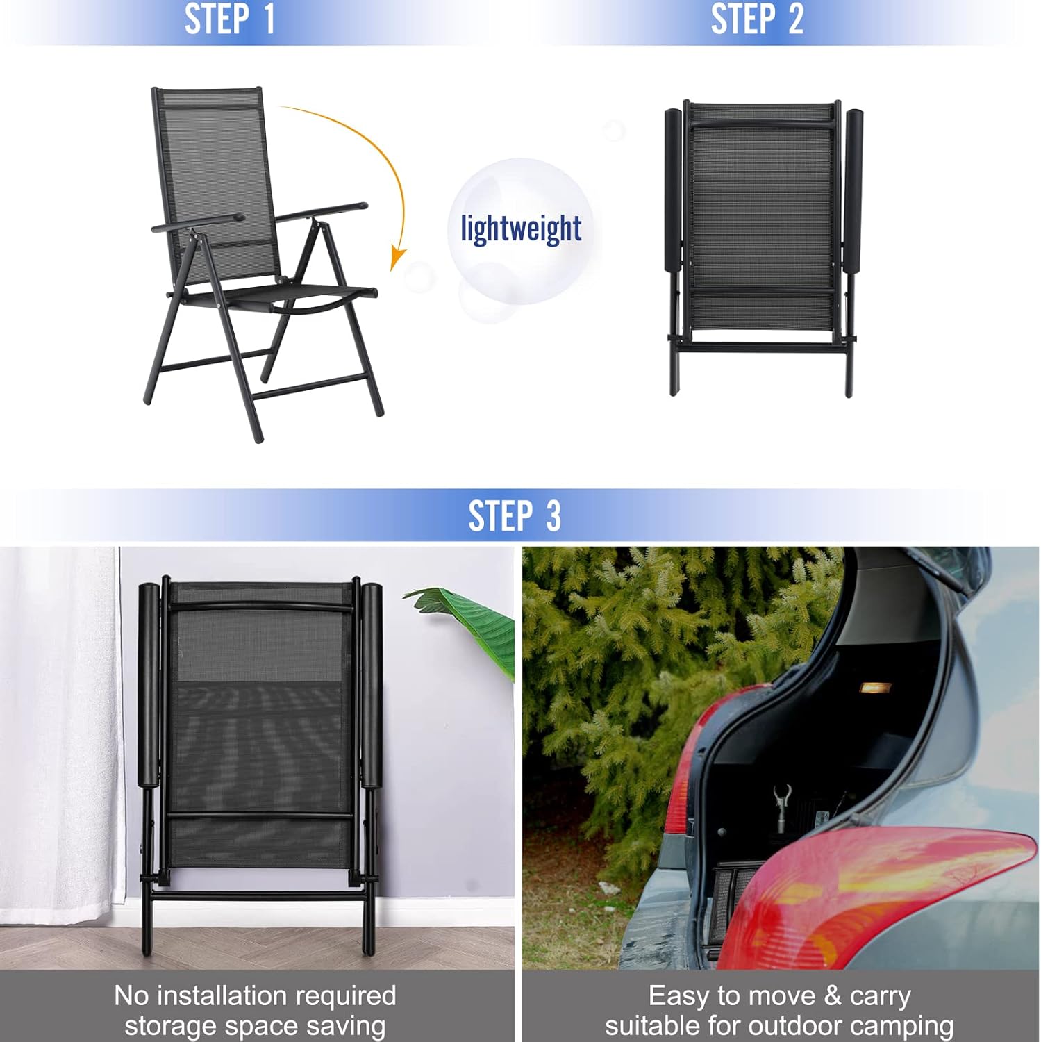 PHI VILLA Juego de 4 sillas plegables de comedor para patio, sillas reclinables y portátiles ajustables para patio, sillas reclinables de aluminio