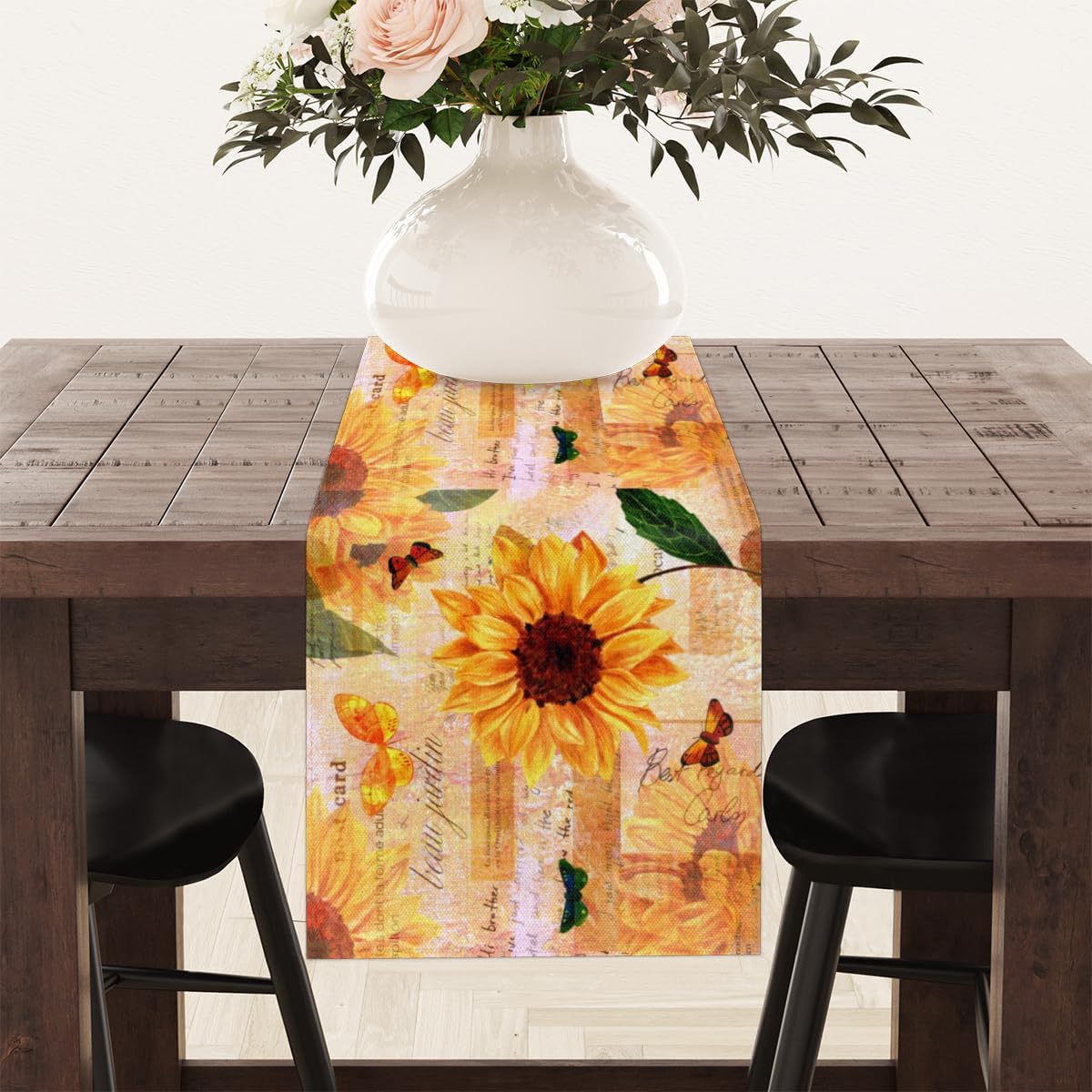 Table Runner Rustic Floral Sunflowers, Autumn Rustic Linen Table Cloth Kitchen Dining Table Decor for Home Party 13 x 72 Inches