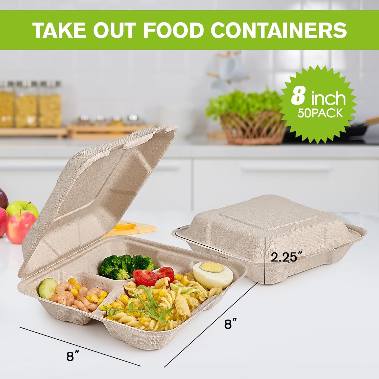 ECOLipak Paquete de 50 recipientes Clamshell To Go, contenedores de alimentos desechables 100% compostables, 8 x 8 con 3 compartimentos, resistentes
