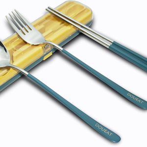 Juego de utensilios portátiles con tenedor, cuchara, palillos cubiertos reutilizables de acero inoxidable para viajes, camping, escuela, oficina, Juego de utensilios portátiles con tenedor, cuchara, palillos cubiertos reutilizables de acero inoxidable para viajes, camping, escuela, oficina,