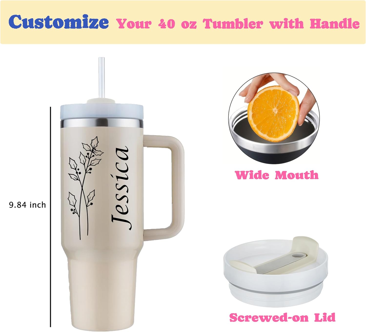 ZOYEPIN Vaso personalizado de 40 onzas con asa y tapa con popote, regalos personalizados para mujeres, regalos inspiradores, colores vivos con
