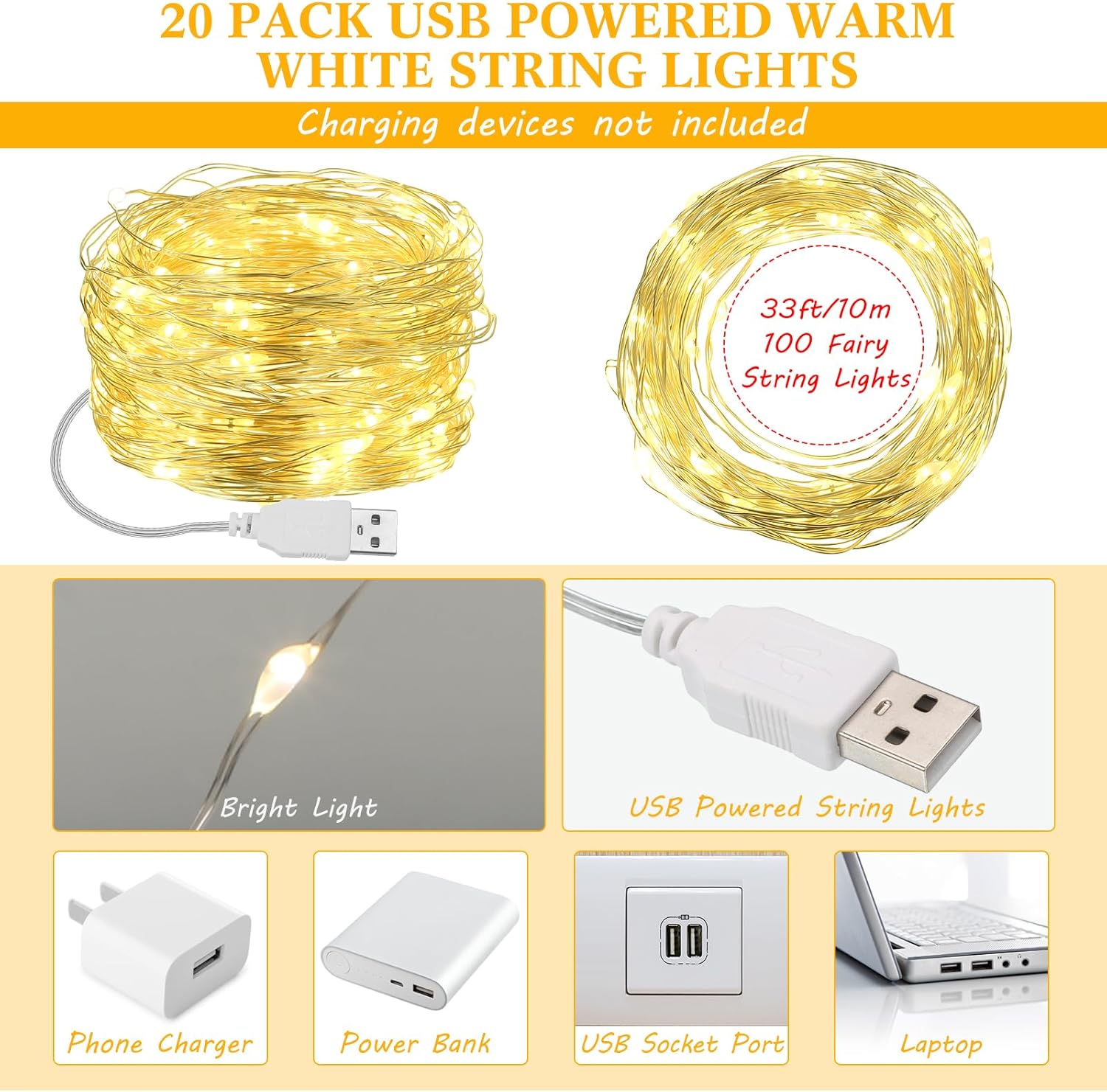 Macarrie Guirnalda de luces USB de 33 pies con 100 luces LED alimentadas para interiores y exteriores, boda, fiesta, árbol, hogar, festival,