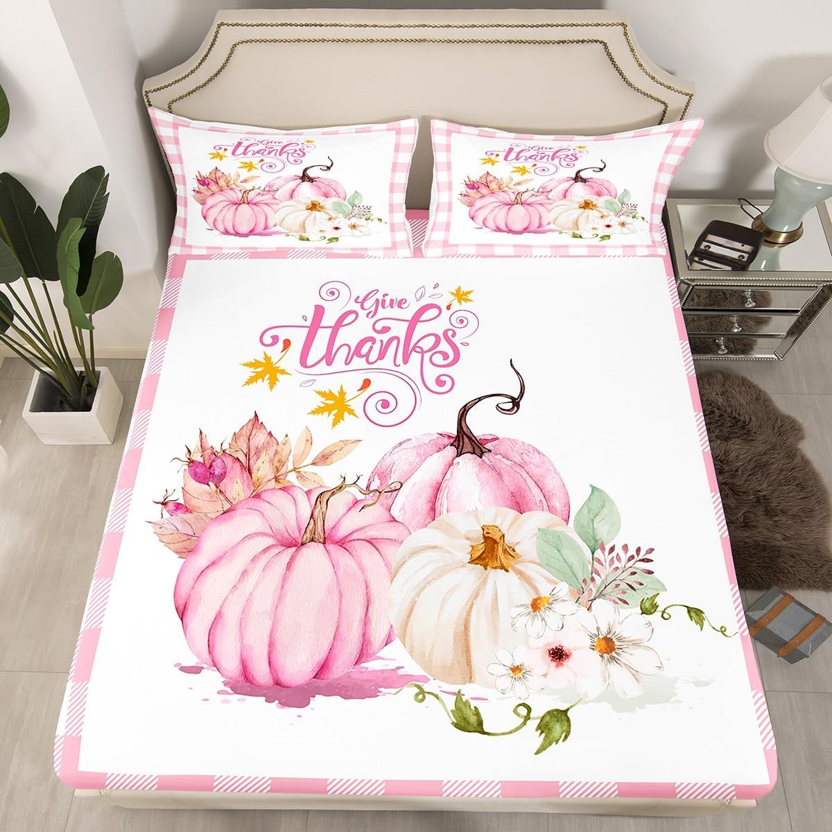Juego de sábanas de otoño rosa, sábana bajera ajustable de calabaza para niños, niñas, adolescentes, decoración de habitación, juego de ropa de cama