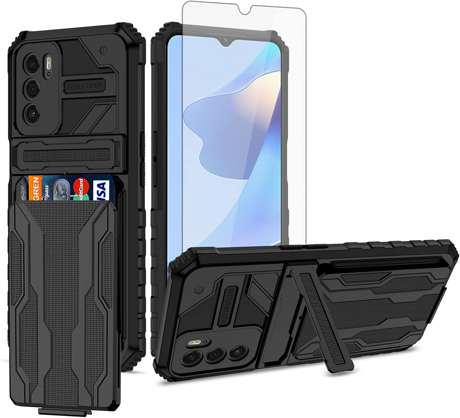 Asuwish Funda de teléfono para OPPO A16A16SA54s con protector de pantalla de vidrio templado y soporte delgado para tarjeta de crédito, ranura móvil