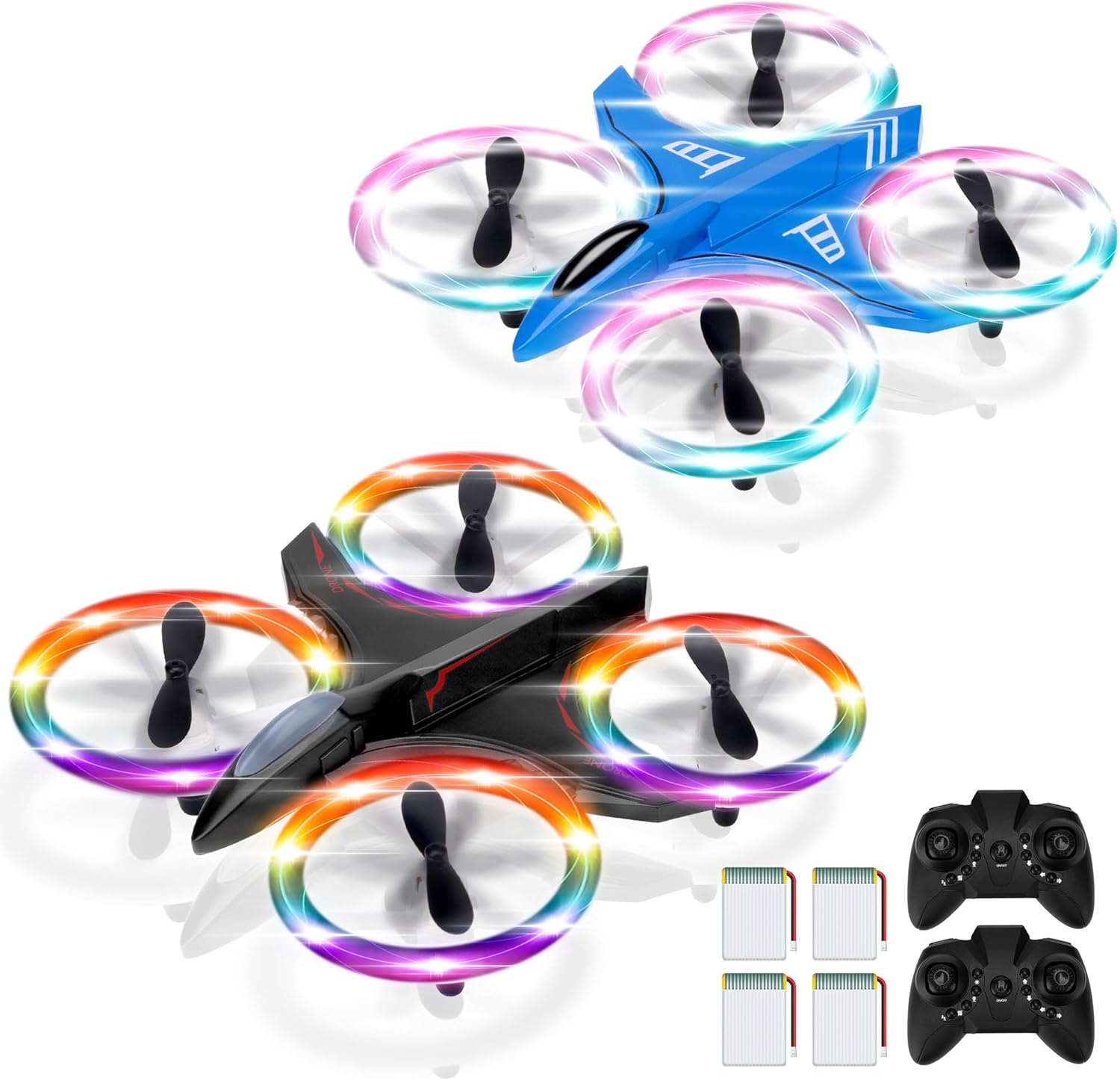 Drones para niños, paquete de 2 con luces LED coloridas deslumbrantes, mini dron para niños, 2 baterías, control remoto, modo sin cabeza, giro 3D,
