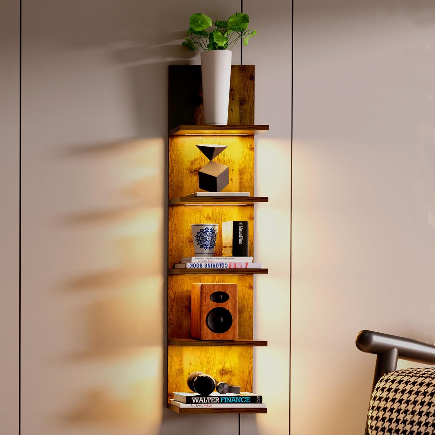 Estantes de pared de 5 niveles con luz LED, estante de columna vertical, almacenamiento flotante, organizador de decoración del hogar, estante de