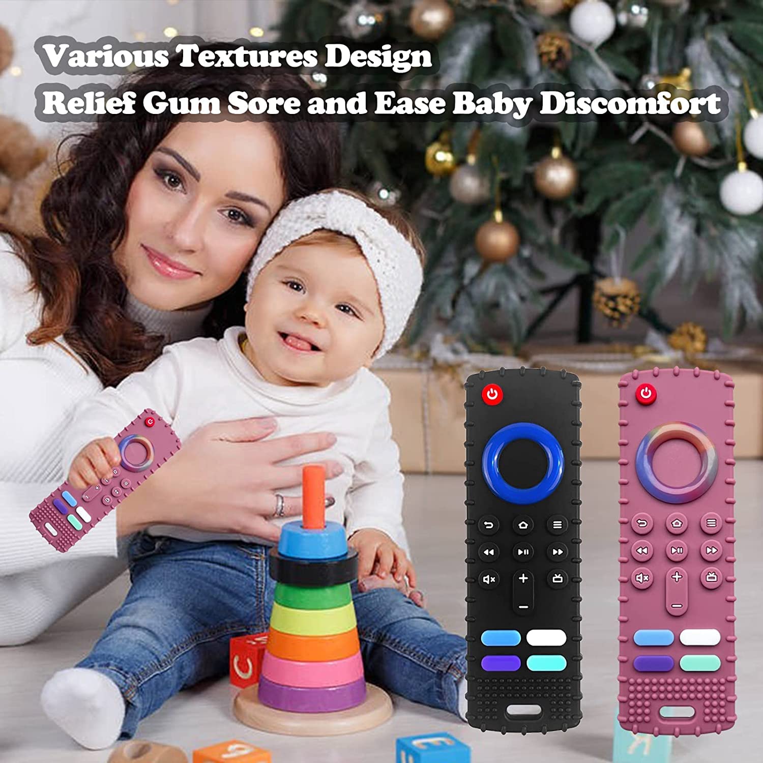 Juguetes de dentición para bebés, forma de control remoto de televisión, juguetes de dentición para bebés de 0 a 18 meses, sin BPA (negro + rosa)