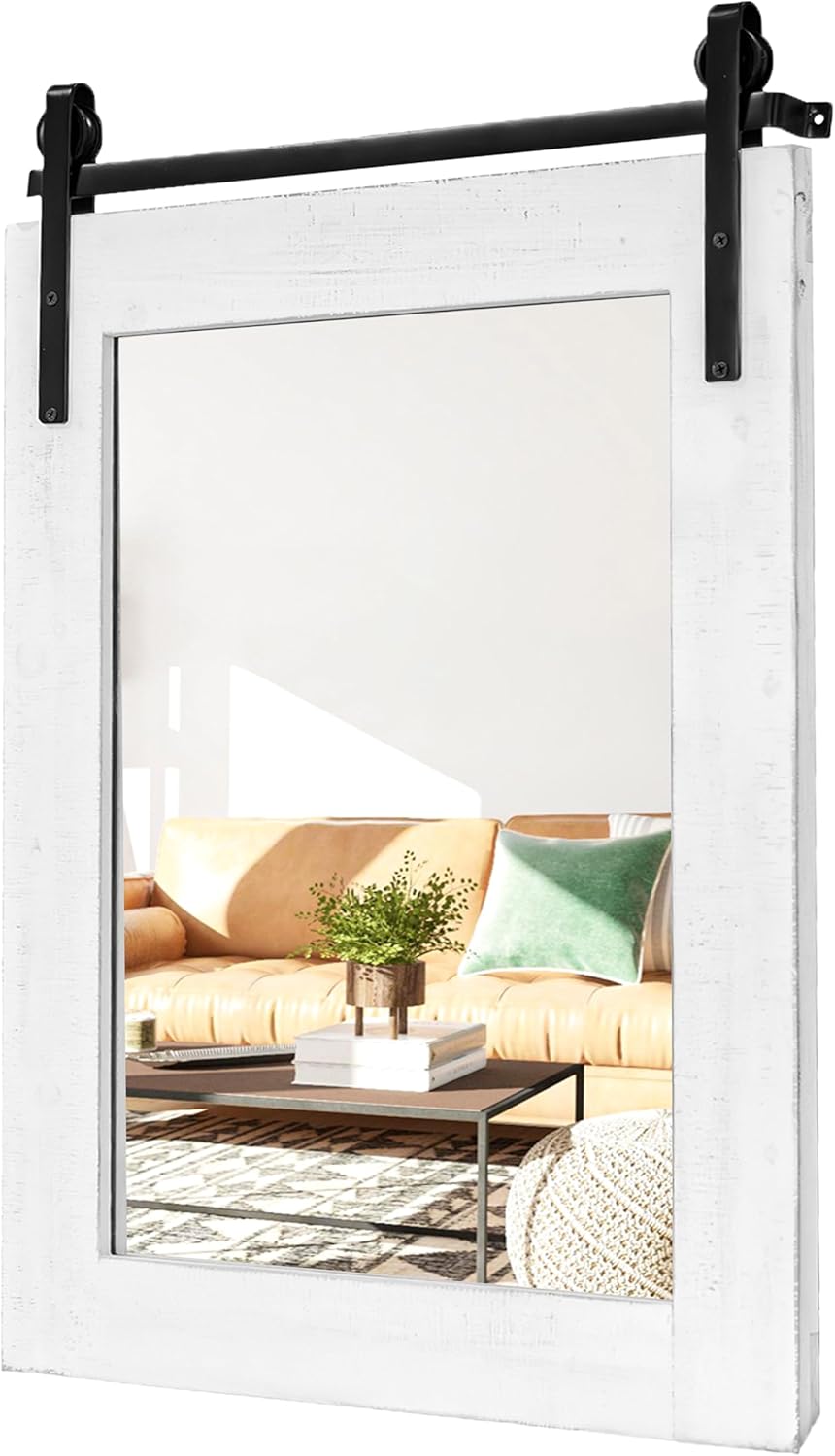 SeekElegant Espejo de pared de granja, 22 x 30 pulgadas, espejos de pared con marco de madera rústica, estilo puerta de granero, espejo decorativo