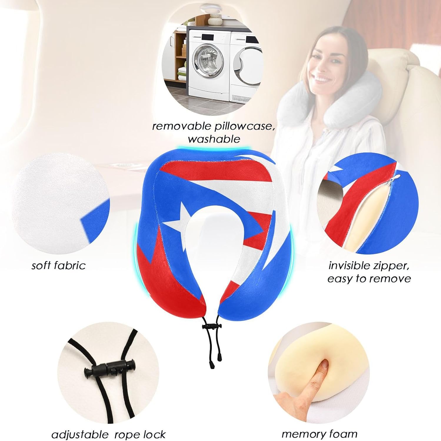 ZOEO Almohada de viaje para cabeza de cuello, bandera de Puerto Rico, acolchado de espuma viscoelástica, para dormir, avión, trenes, coches,