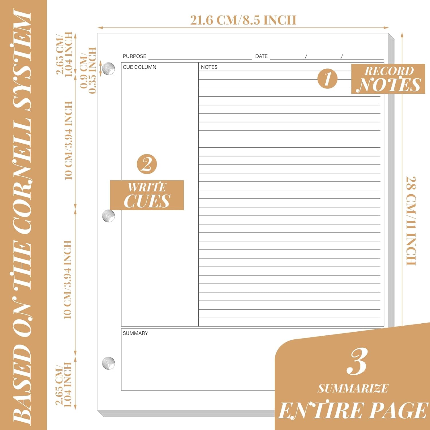 Ctosree Cornell Notes – Cuaderno de papel de hojas sueltas para sistema de toma de 8.5 x 11 pulgadas, perforador de 3 agujeros, doble cara para